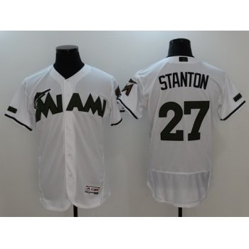 Men's Miami Marlins #27 Giancarlo Stanton Whtie With Green Memorial Day Stitched MLB Majestic Flex Base Jersey