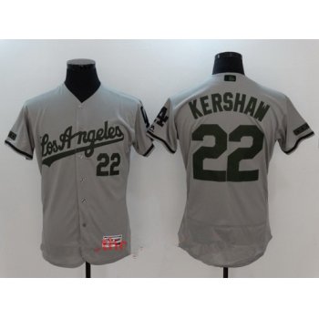 Men's Los Angeles Dodgers #22 Clayton Kershaw Gray with Green Memorial Day Stitched MLB Majestic Flex Base Jersey