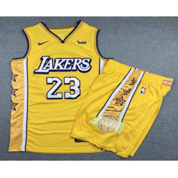 Men's Los Angeles Lakers #23 LeBron James Yellow 2020 Nike City Edition Swingman Jersey With Shorts
