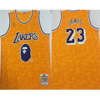 Lakers Bape 23 Lebron James Yellow 1996-97 Hardwood Classics Jersey