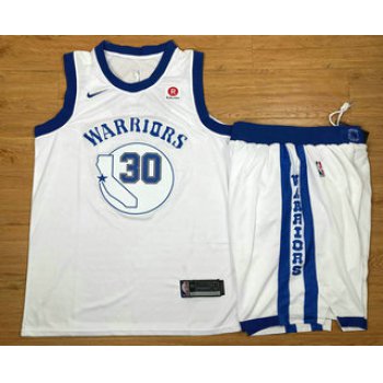 Men's Golden State Warriors #30 Stephen Curry White 2017-2018 Hardwood Classics Nike Rakuten Stitched Throwback NBA Jersey With Shorts