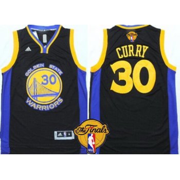 Men's Golden State Warriors #30 Stephen Curry Black With Blue Edge 2017 The NBA Finals Patch Jersey