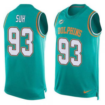 Men's Miami Dolphins #93 Ndamukong Suh Aqua Green Hot Pressing Player Name & Number Nike NFL Tank Top Jersey