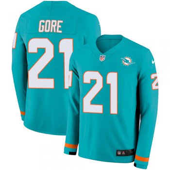 Nike Dolphins #21 Frank Gore Aqua Green Team Color Men's Stitched NFL Limited Therma Long Sleeve Jersey