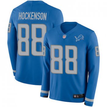 Lions #88 T.J. Hockenson Blue Team Color Men's Stitched Football Limited Therma Long Sleeve Jersey