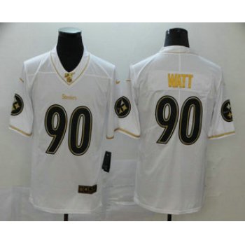 Men's Pittsburgh Steelers #90 T. J. Watt White 100th Season Golden Edition Jersey
