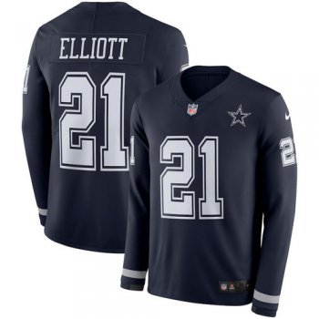Men Nike Dallas Cowboys 21 Ezekiel Elliott blue Therma Long Sleeve Jersey