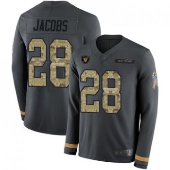 Raiders #28 Josh Jacobs Anthracite Salute to Service Men's Stitched Football Limited Therma Long Sleeve Jersey