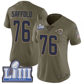 #76 Limited Rodger Saffold Olive Nike NFL Women's Jersey Los Angeles Rams 2017 Salute to Service Super Bowl LIII Bound