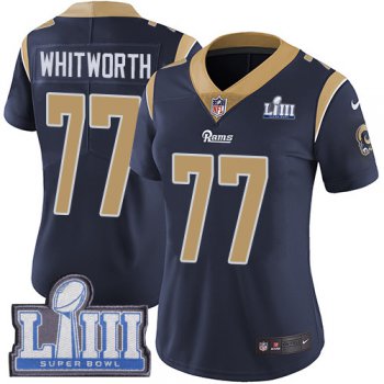 #77 Limited Andrew Whitworth Navy Blue Nike NFL Home Women's Jersey Los Angeles Rams Vapor Untouchable Super Bowl LIII Bound