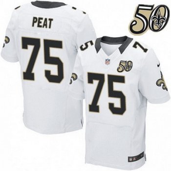 Men's New Orleans Saints #75 Andrus Peat White 50th Season Patch Stitched NFL Nike Elite Jersey