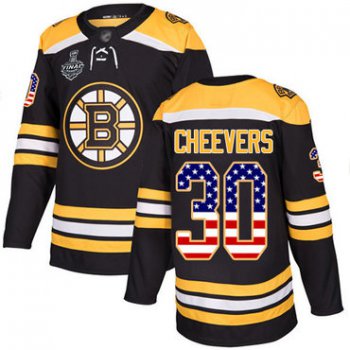 Men's Boston Bruins #30 Gerry Cheevers Black Home Authentic USA Flag 2019 Stanley Cup Final Bound Stitched Hockey Jersey