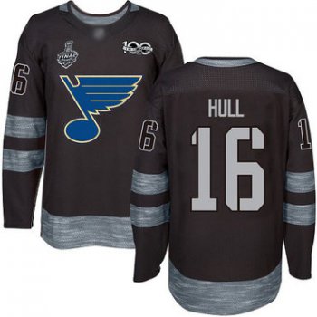 Men's St. Louis Blues #16 Brett Hull Black 1917-2017 100th Anniversary 2019 Stanley Cup Final Bound Stitched Hockey Jersey