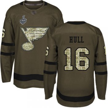 Men's St. Louis Blues #16 Brett Hull Green Salute to Service 2019 Stanley Cup Final Bound Stitched Hockey Jersey