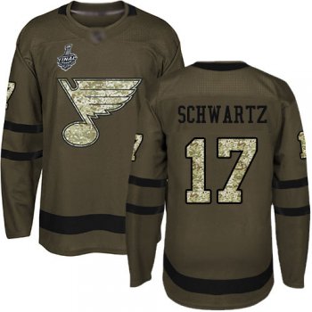 Men's St. Louis Blues #17 Jaden Schwartz Green Salute to Service 2019 Stanley Cup Final Bound Stitched Hockey Jersey