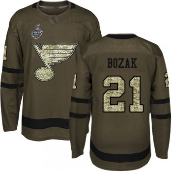 Men's St. Louis Blues #21 Tyler Bozak Green Salute to Service 2019 Stanley Cup Final Bound Stitched Hockey Jersey