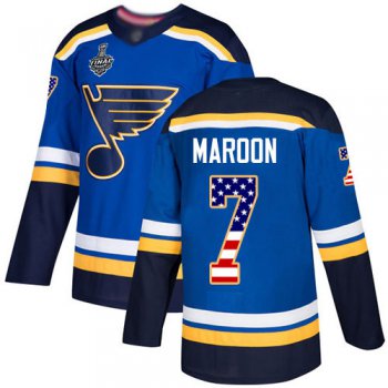 Men's St. Louis Blues #7 Patrick Maroon Blue Home Authentic USA Flag 2019 Stanley Cup Final Bound Stitched Hockey Jersey