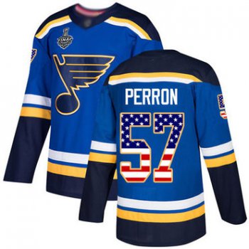 Men's St. Louis Blues #57 David Perron Blue Home Authentic USA Flag 2019 Stanley Cup Final Bound Stitched Hockey Jersey