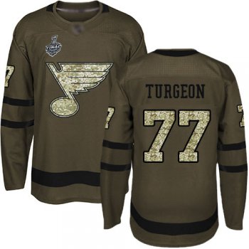Men's St. Louis Blues #77 Pierre Turgeon Green Salute to Service 2019 Stanley Cup Final Bound Stitched Hockey Jersey
