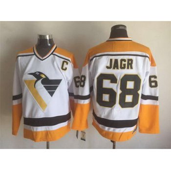 Men's Penguins #68 Jaromir Jagr White Yellow CCM Throwback Stitched NHL Jersey