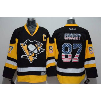 Men's Pittsburgh Penguins #87 Sidney Crosby Reebok Black Third NHL USA Flag Fashion Jersey