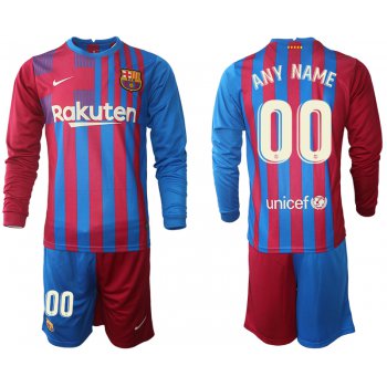 Men 2021-2022 Club Barcelona home red blue Long Sleeve customized Nike Soccer Jersey