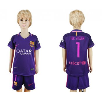 2016-17 Barcelona #1 TER STEGEN Away Soccer Youth Purple Shirt Kit