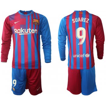 Men 2021-2022 Club Barcelona home red blue Long Sleeve 9 Nike Soccer Jersey