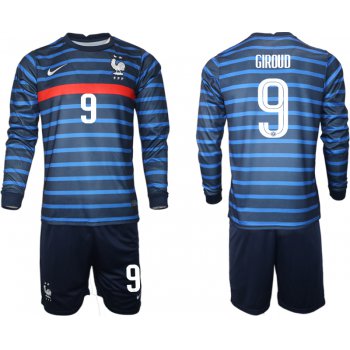 Men 2021 European Cup France home blue Long sleeve 9 Soccer Jersey