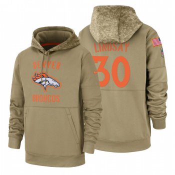 Denver Broncos #30 Phillip Lindsay Nike Tan 2019 Salute To Service Name & Number Sideline Therma Pullover Hoodie