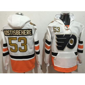 Men's Philadelphia Flyers #53 Shayne Gostisbehere White with Gold 50th Patch Stitched NHL Old Tim Hockey Hoodie