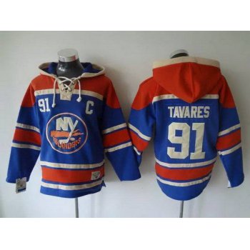 Men's New York Islanders #91 John Tavares Old Time Hockey Light Blue Hoodie