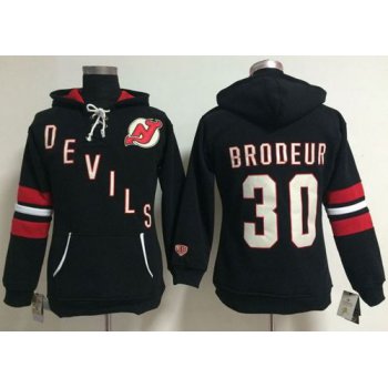 New Jersey Devils #30 Martin Brodeur Black Women's Old Time Heidi NHL Hoodie