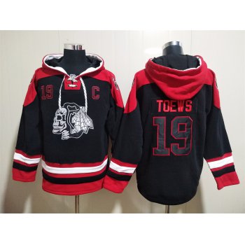 Men's Chicago Blackhawks #19 Jonathan Toews Black Ageless Must Have Lace Up Pullover Hoodie