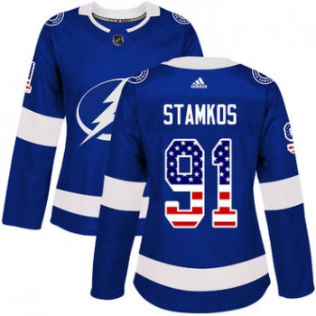 Adidas Tampa Bay Lightning #91 Steven Stamkos Blue Home Authentic USA Flag Women's Stitched NHL Jersey