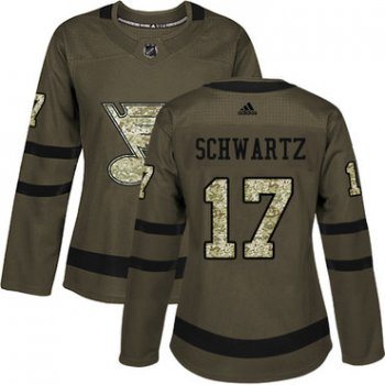 Adidas St.Louis Blues #17 Jaden Schwartz Green Salute to Service Women's Stitched NHL Jersey
