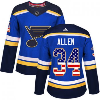 Adidas St.Louis Blues #34 Jake Allen Blue Home Authentic USA Flag Women's Stitched NHL Jersey