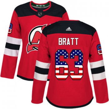 Adidas New Jersey Devils #63 Jesper Bratt Red Home Authentic USA Flag Women's Stitched NHL Jersey