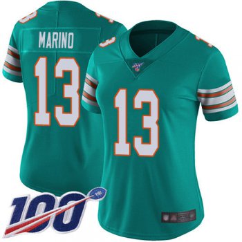 Nike Dolphins #13 Dan Marino Aqua Green Alternate Women's Stitched NFL 100th Season Vapor Limited Jersey
