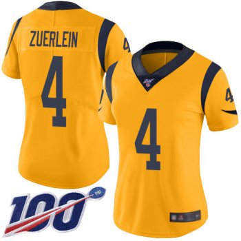 Nike Rams #4 Greg Zuerlein Gold Women's Stitched NFL Limited Rush 100th Season Jersey