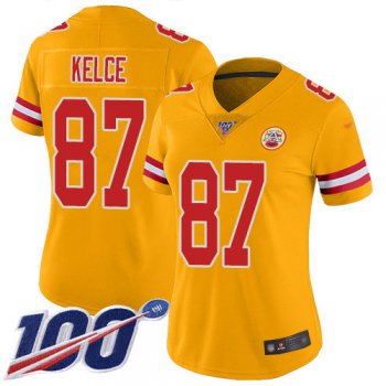 Nike Chiefs #87 Travis Kelce Gold Women's Stitched NFL Limited Inverted Legend 100th Season Jersey