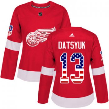 Adidas Detroit Red Wings #13 Pavel Datsyuk Red Home Authentic USA Flag Women's Stitched NHL Jersey