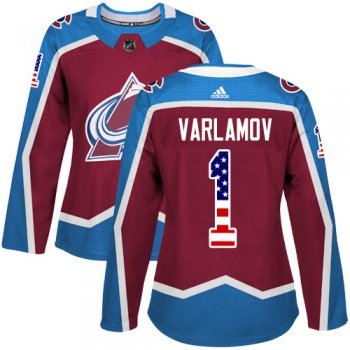 Adidas Colorado Avalanche #1 Semyon Varlamov Burgundy Home Authentic USA Flag Women's Stitched NHL Jersey