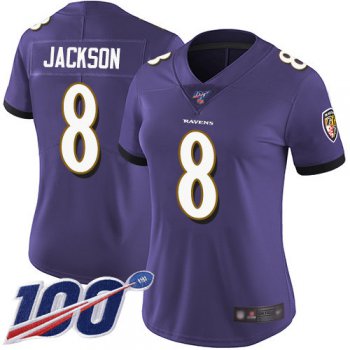 Nike Ravens #8 Lamar Jackson Purple Team Color Women's Stitched NFL 100th Season Vapor Limited Jersey