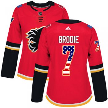 Adidas Calgary Flames #7 TJ Brodie Red Home Authentic USA Flag Women's Stitched NHL Jersey