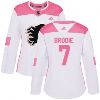 Adidas Calgary Flames #7 TJ Brodie White Pink Authentic Fashion Women's Stitched NHL Jersey