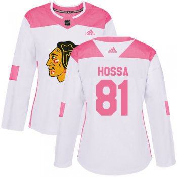 Adidas Chicago Blackhawks #81 Marian Hossa White Pink Authentic Fashion Women's Stitched NHL Jersey