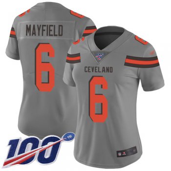 Nike Browns #6 Baker Mayfield Gray Women's Stitched NFL Limited Inverted Legend 100th Season Jersey