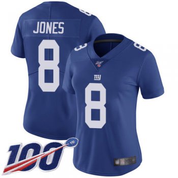 Nike Giants #8 Daniel Jones Royal Blue Team Color Women's Stitched NFL 100th Season Vapor Limited Jersey