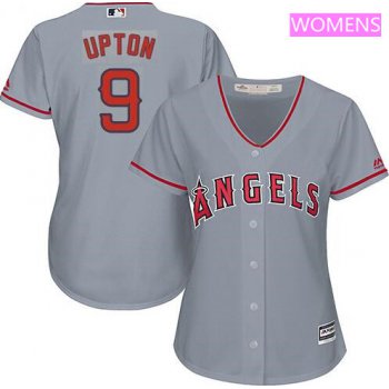 Women's LA Angels of Anaheim #9 Justin Upton Gray Road Stitched MLB Majestic Cool Base Jersey